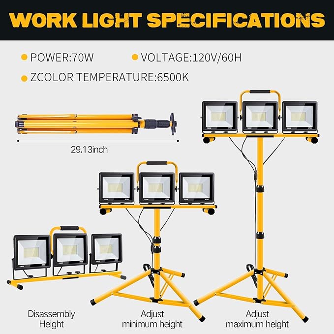 21000 Lumen Work Lights with Stand, 3 Adjustable Head LED Work Light, with - Image 5