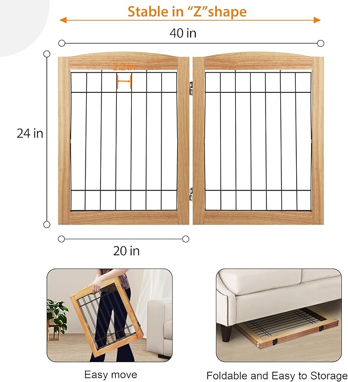 LZRS 2-Panel Freestanding Foldable Wood Dog Gate – Solid Wood & Steel Wire - Image 5