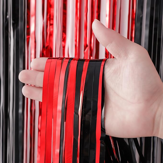 3 Pack 3.3x8.2 Feet Red and Black Foil Fringe Backdrop Curtains, Tinsel - Image 2
