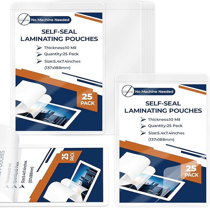 25 Pack 10 Mil 5"x7" Self Sealing Laminating Pouches Self Adhesive Lamination by Unknown