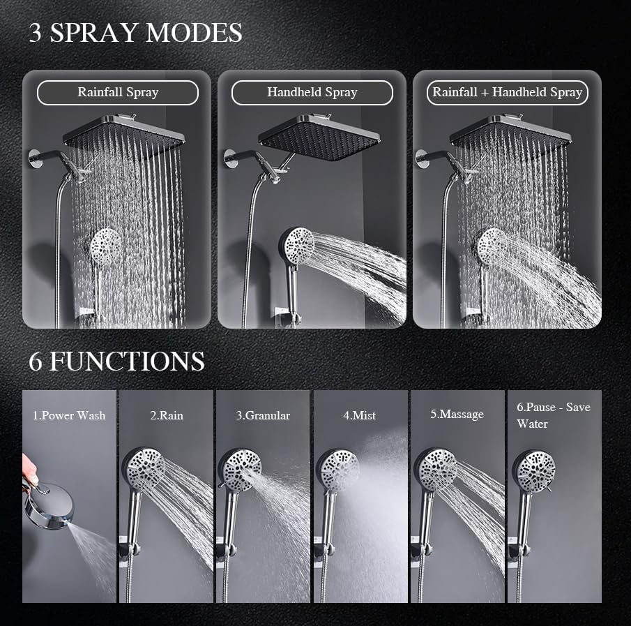 Tandem Shower Head with Filters-14'' Rainfall ShowerHead,Filtered Power Wash Handheld for Hard Water,High Pressure Output, Reduces Dry Itchy Skin, Improves Condition of Your Body, Hair - Image 2