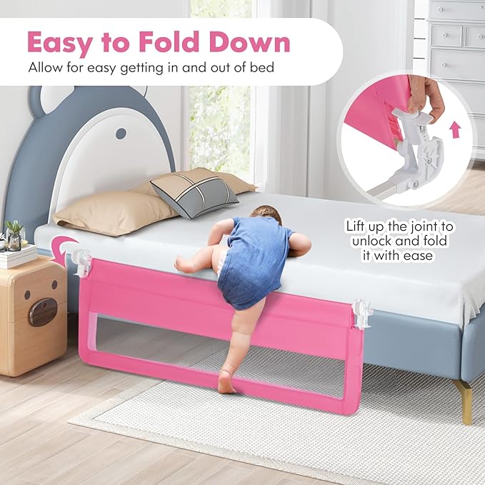 BABY JOY Bed Rails for Toddlers, Swing Down Bed Guard w/Safety Straps, Folding - Image 3