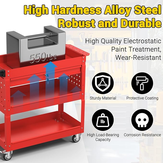 3 Tier Rolling Tool Cart on Wheels, 550 LBS Tool Cart - Image 2