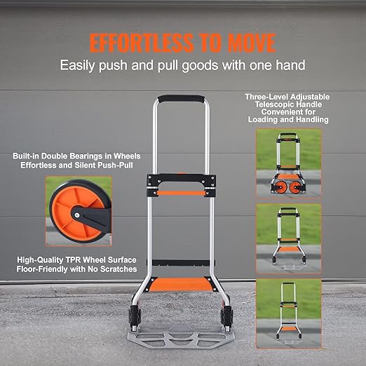 VEVOR Folding Hand Truck and Dolly, 275 Lbs Capacity, Aluminum Foldable Cart - Image 3
