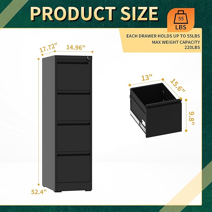 4 Drawer File Cabinet with Lock, Steel Vertical Filing Storage Cabinet - Image 3