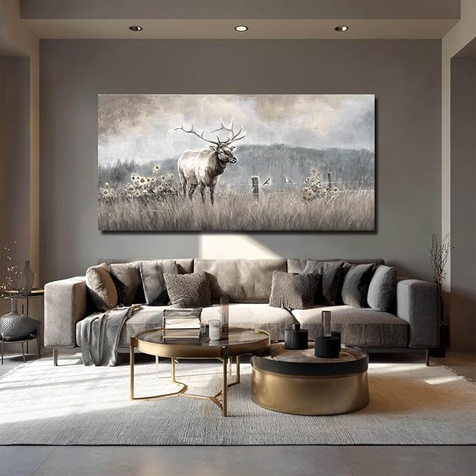 ZHENGYIN Extra Wide Panoramic Elk Canvas Wall Art, Western Deer Meadow - Image 2