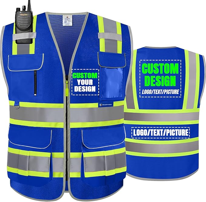BeautyWill Custom Logo 10 Pockets Safety Vest Class2 ANSI Certified High by BeautyWill