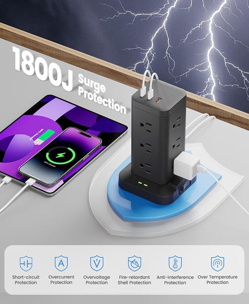 15-in-1 Power Strip Tower with Surge Protector 1800J, Fast Charging Tower PD20W - Image 2