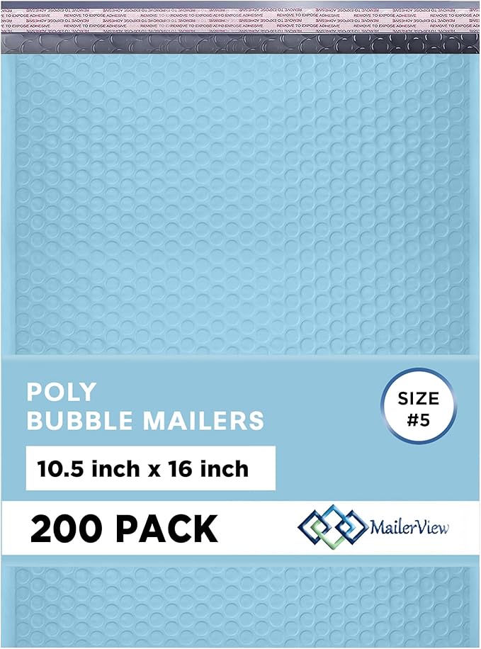 Light Blue 10.5x16 Inch Large Poly Bubble Mailers #5 | Padded Envelopes by MAILERVIEW
