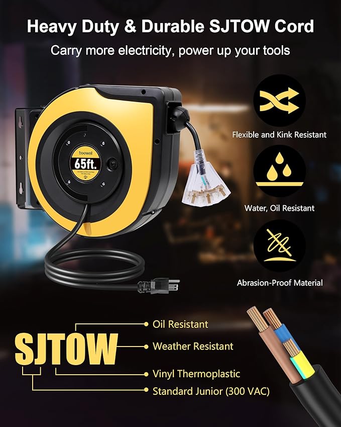 Retractable Extension Cord Reel, 65FT 12AWG/3C SJTOW Heavy Duty Power Cord - Image 5