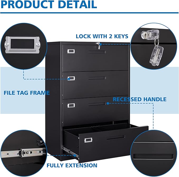 4 Drawer Filing Cabinet with Lock Metal Lateral File Cabinet Office Home Steel - Image 7
