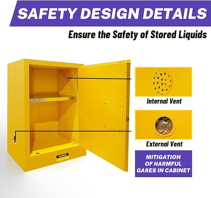 36 Gallon Yellow Flammable Storage Cabinet, Fireproof Steel Chemical Storage - Image 6