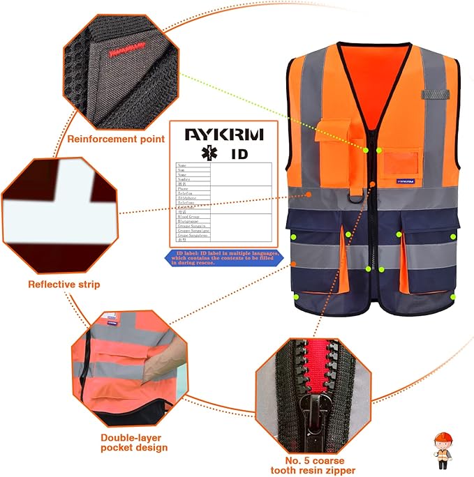 A-SAFETY High visibility vest, Reflective Safety Vest Workwear 7 Pockets Hi Vis - Image 3