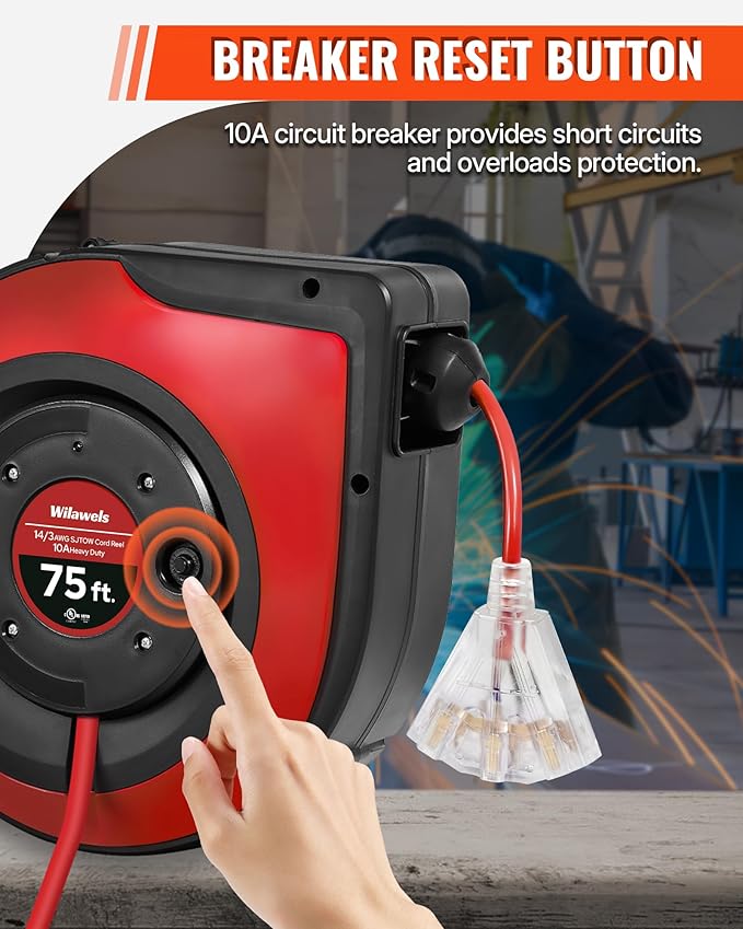 Retractable Extension Cord Reel, 75 FT Heavy Duty Extension Cord, 14AWG/3C SJTOW - Image 6