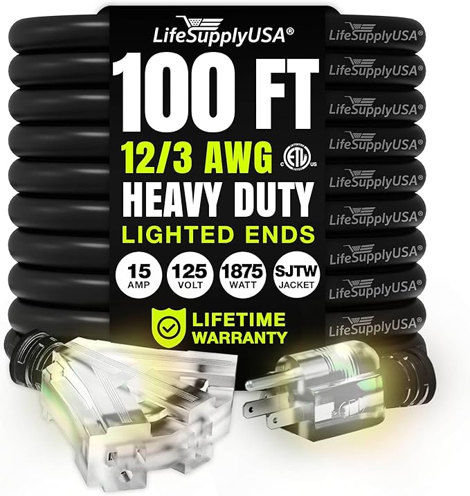 100ft Outdoor/Indoor Extension Cord 3-Outlet 12/3 Gauge Extra Heavy Duty ETL by LifeSupplyUSA