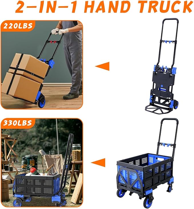 2-in-1 Folding Hand Truck with Folding Basket, Hand Truck with Retractable - Image 3