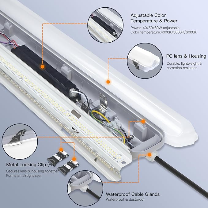JTT 4FT LED Vapor Tight Light, 60W/50W/40W IP65 Waterproof LED Outdoor Indoor - Image 4