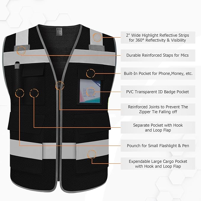 TCCFCCT Mesh Hi Vis Vest 5 Pockets High Visibility Work Vest - Image 3