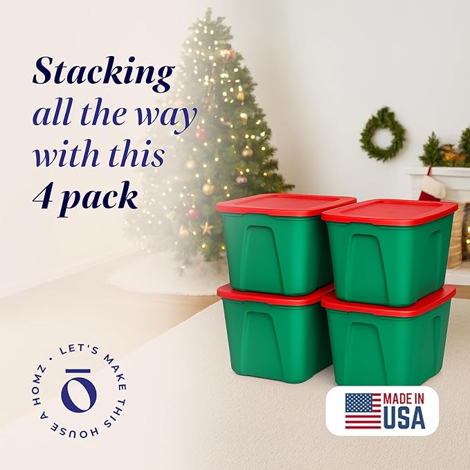 HOMZ 4-Pack Molded Bin, Holiday Storage Containers w/ Lids, 18 Gal, Gift Wraps - Image 2