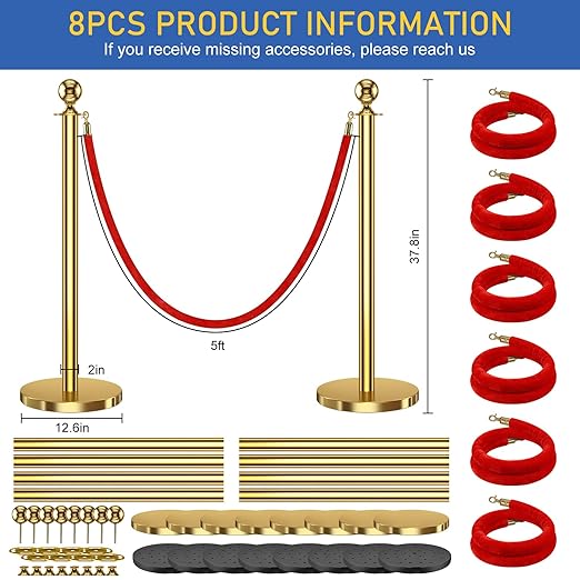 8 PCS Stanchions and Velvet Ropes, Stainless Steel Poles - Image 2