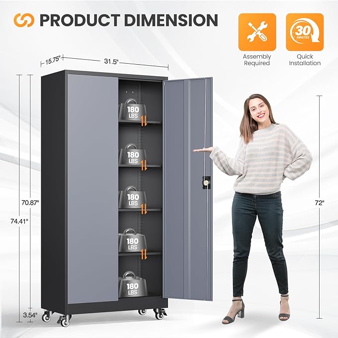 Metal Garage Cabinets with Wheels, Heavy Duty Rolling Storage Cabinet with Lock - Image 2