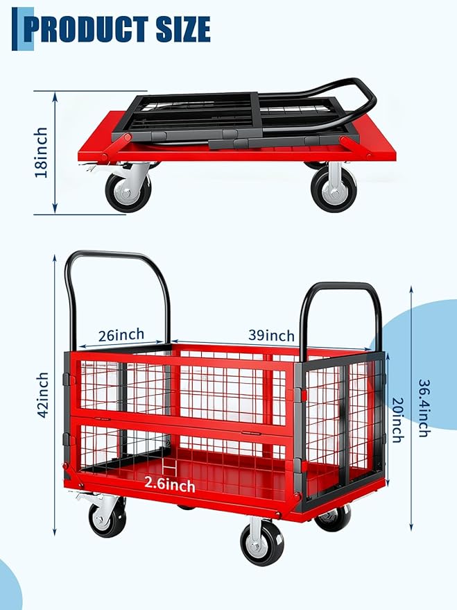 Platform Truck Cart with Cage, 6-in-1 Multi-Purpose Flatbed Cart, Foldable Hand - Image 6