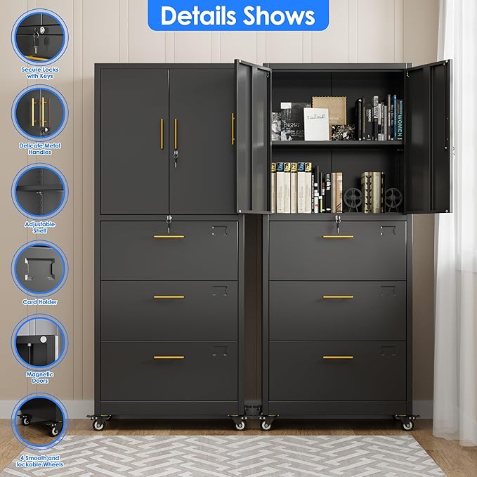 METAN Metal File Cabinet with 3 Drawers and 1 Shelves, Office Filing Cabinet on - Image 4