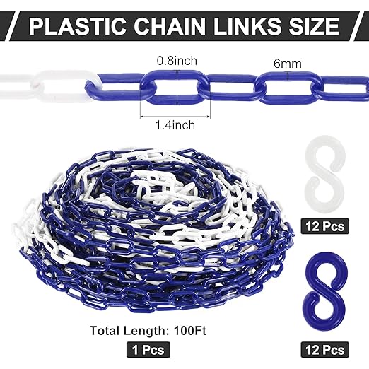 PATIKIL Plastic Chain Links, 100 Foot Safety Barrier Chain Blue/White - Image 3