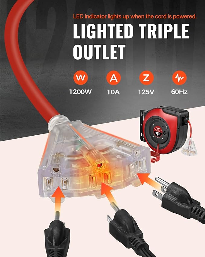 Retractable Extension Cord Reel, 75 FT Heavy Duty Extension Cord, 14AWG/3C SJTOW - Image 4