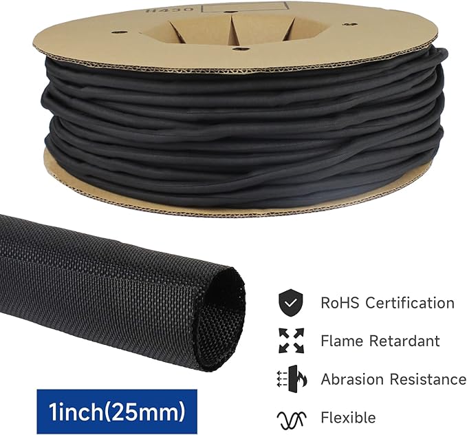 Black Braided Cable Management Sleeves Wire Loom Tubing Cord Protector - Image 2