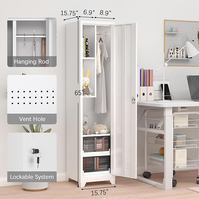 GREATMEET Broom Closet Storage Cabinet, Metal Utility Cabinet, Tall Laundry - Image 4