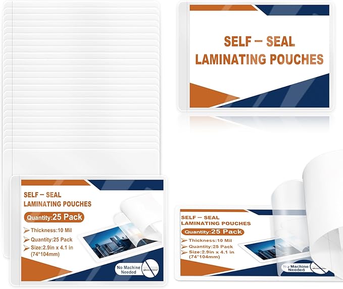 25 Pack 10 Mil 2.9"x4.1" Self Sealing Laminating Pouches Plastic Laminating by Unknown