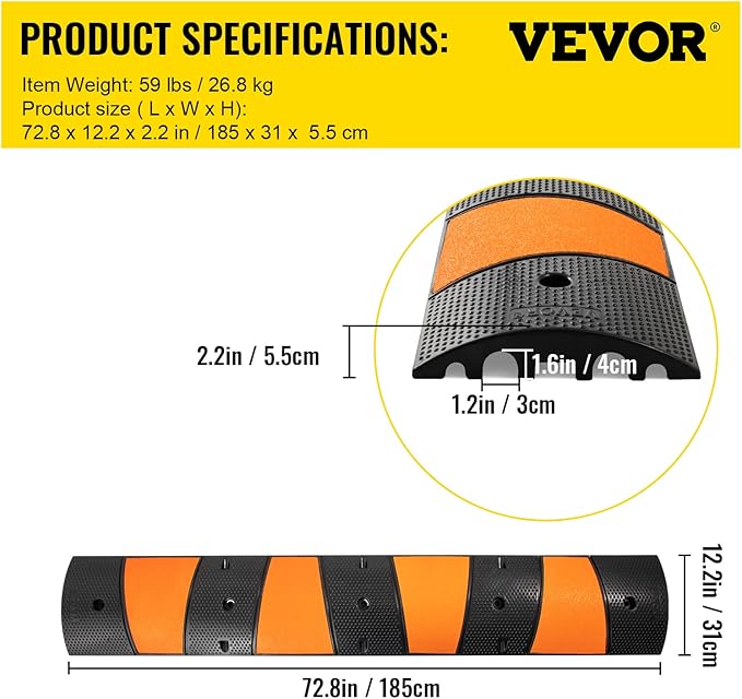 VEVOR Rubber Speed Bump, 1 Pack 2 Channel Speed Bump Hump, 72.8" Long Modular - Image 7