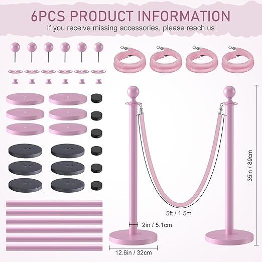 kaiyomi 6Pcs Stanchions with Pink Velvet Ropes Set, 5 Feet Velvet Ropes and - Image 2