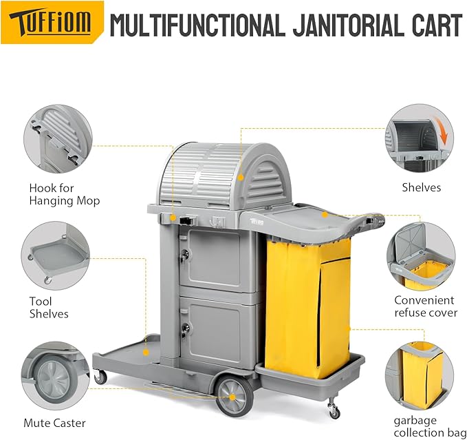 TUFFIOM Janitorial Cart on Wheels, 3 Shelf Commercial Cleaning Cart - Image 2