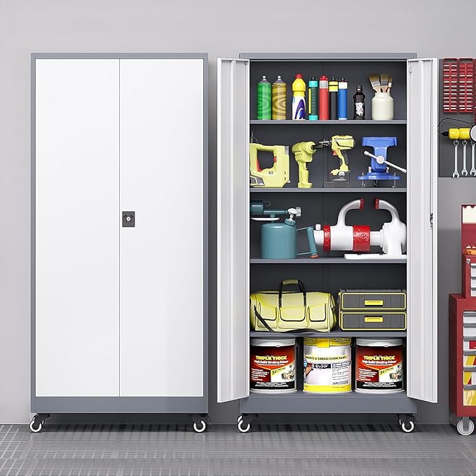 Metal Storage Cabinet with Wheels, Tall Garage Storage Cabinet with 4 by LISSIMO
