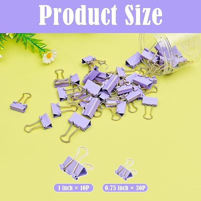 BAYTORY 40Pcs Purple Binder Clips, Binder Clips Assorted Sizes, Medium Small - Image 3