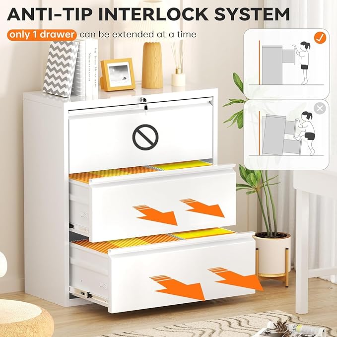 INTERGREAT 3-Drawer White File Cabinet, Locking Metal Lateral Filing Cabinets - Image 5