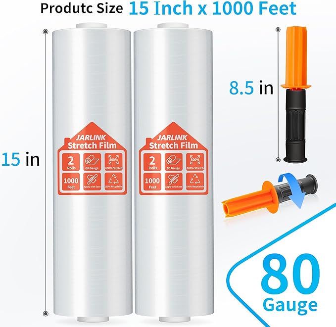 JARLINK Stretch Film, 80 Gauge, 15 Inch x 1000 Feet Shrink Wrap - Image 2