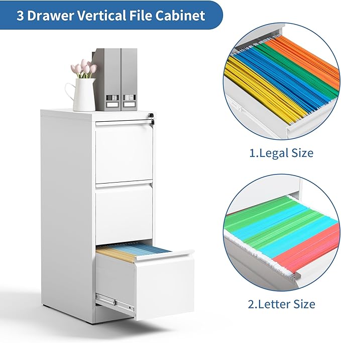3 Drawer File Cabinet with Lock, Metal Vertical Filing Cabinets - Image 6