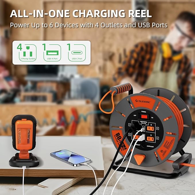 Retractable Extension Cord Reel 80 FT, 14AWG SJTOW Heavy Duty Power Cord - Image 3