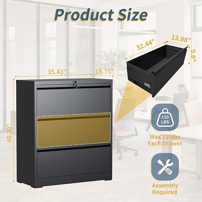 3 Drawer File Cabinet with Lock, Lateral Filing Cabinets, Metal Storage Filing - Image 3