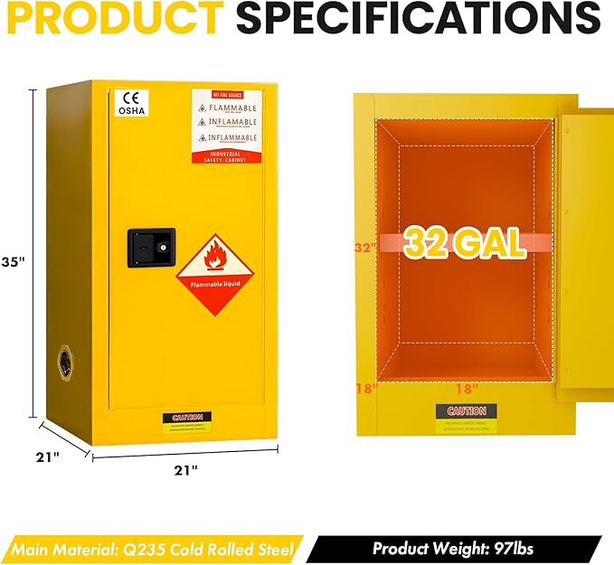 Flammable Storage Cabinet 34"x34"x65", 90 Gallon Chemical Safety Cabinet - Image 2