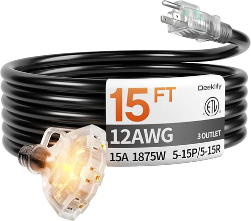 15 ft 12 Gauge Heavy Duty 3 Outlet Extension Cord Splitter by Deeklify
