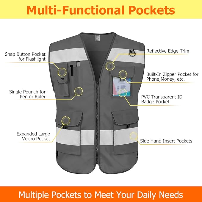 TCCFCCT Reflective Safety Vest 9 Pockets High Visibility Vest - Image 3