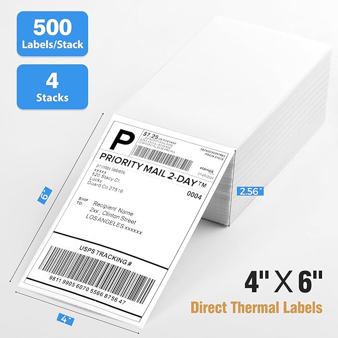 Fanfold 4" x 6" Direct Thermal Labels 2000 Thermal Printer Paper 4 Stacks - Image 2