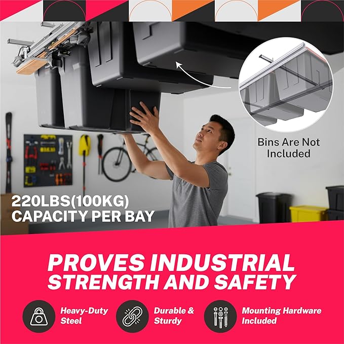 Adjustable Over Head Garage Bin Storage System Tote Lift Pro Overhead Storage - Image 5