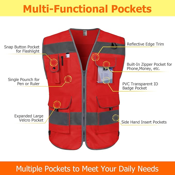 TCCFCCT High Visibility Vest 9 Pockets Hi Vis Reflective Safety Vest - Image 3