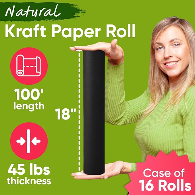 Black 18" x 1200" Kraft Paper, 45 lbs Thickness, USA-Made Recyclable, 16 Rolls - Image 2