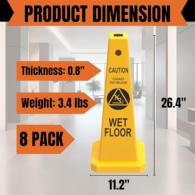 Caution Wet Floor Sign, 26.4-Inch Safety Cone, 4 Pack Yellow Plastic, - Image 2